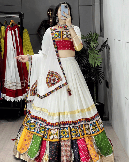 White Multi Color Traditional Navratri Lehenga Choli Set