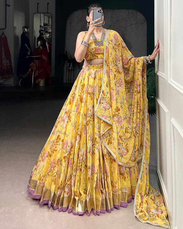 Yellow Color Chiffon Floral And Foil Printed Lehenga Choli