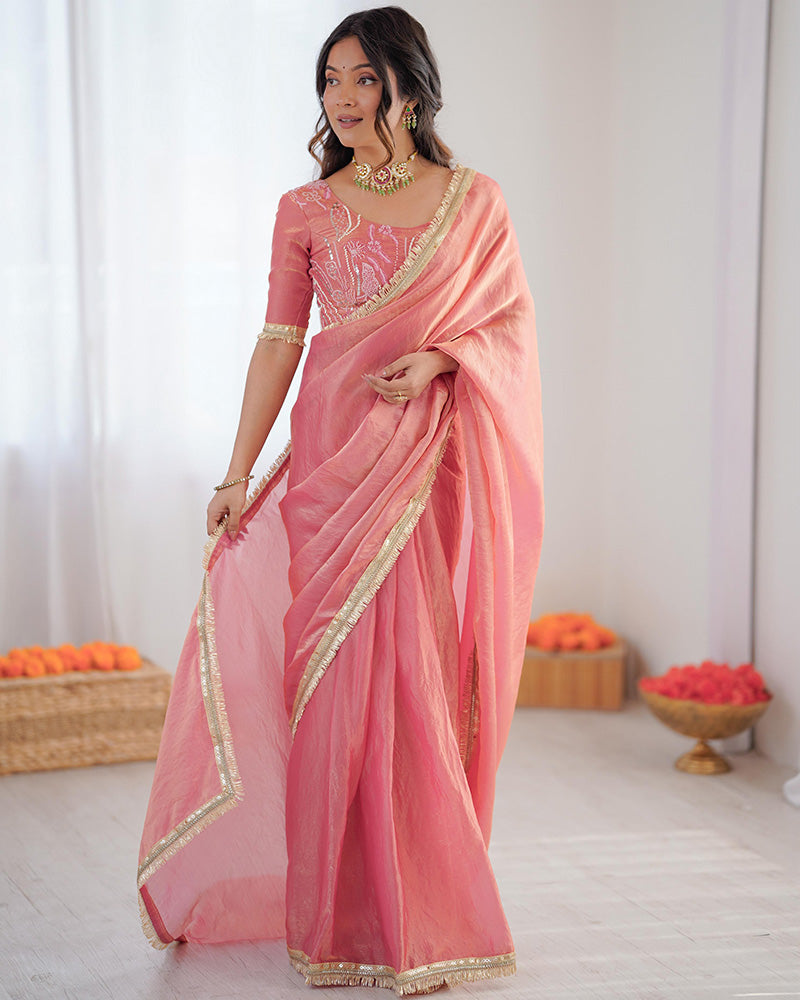 Baby Pink Color Fendi Silk Pre Draped Saree