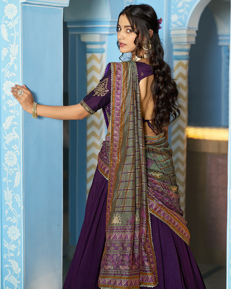 Elegant Dark Purple Embroidered Vichitra Silk Lehenga Choli