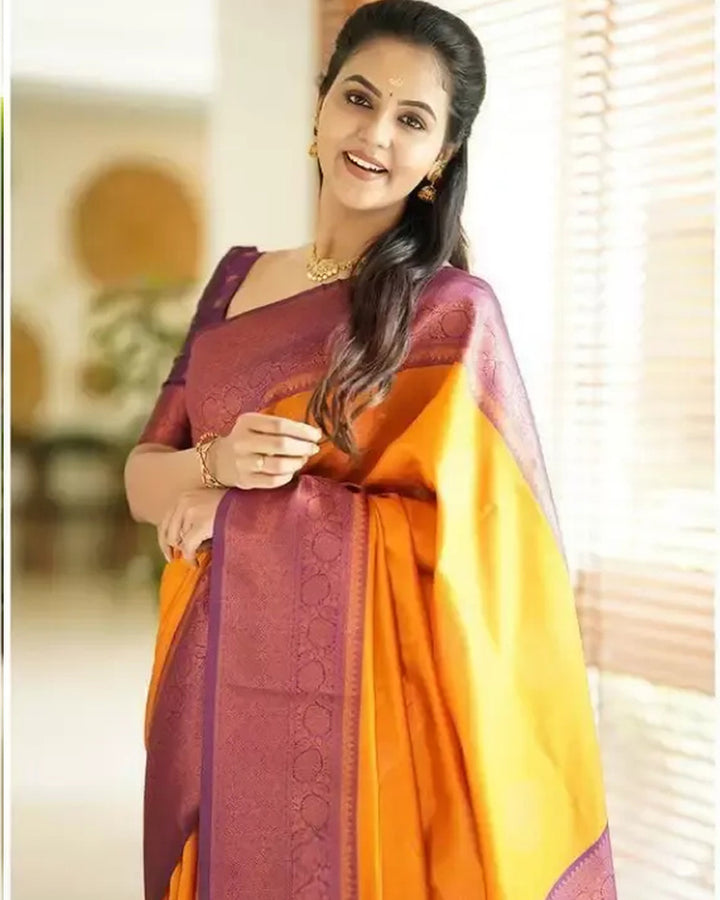 Designer Mustard Color Jacquard Banarasi Silk Saree