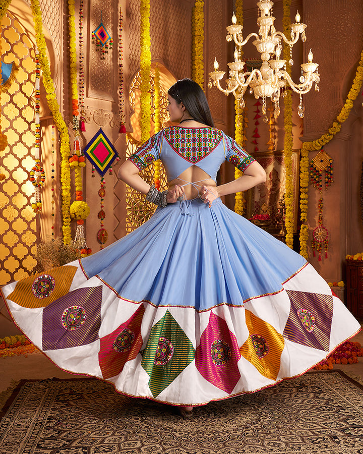 Traditional Sky Blue Color Mirror Work Navratri Lehenga Choli