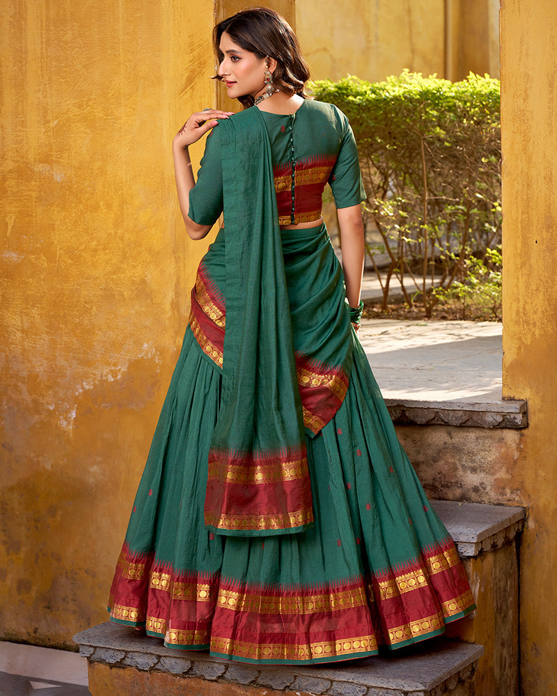 Traditional Teal Green Color Chanderi Half Saree With Zari Detailing