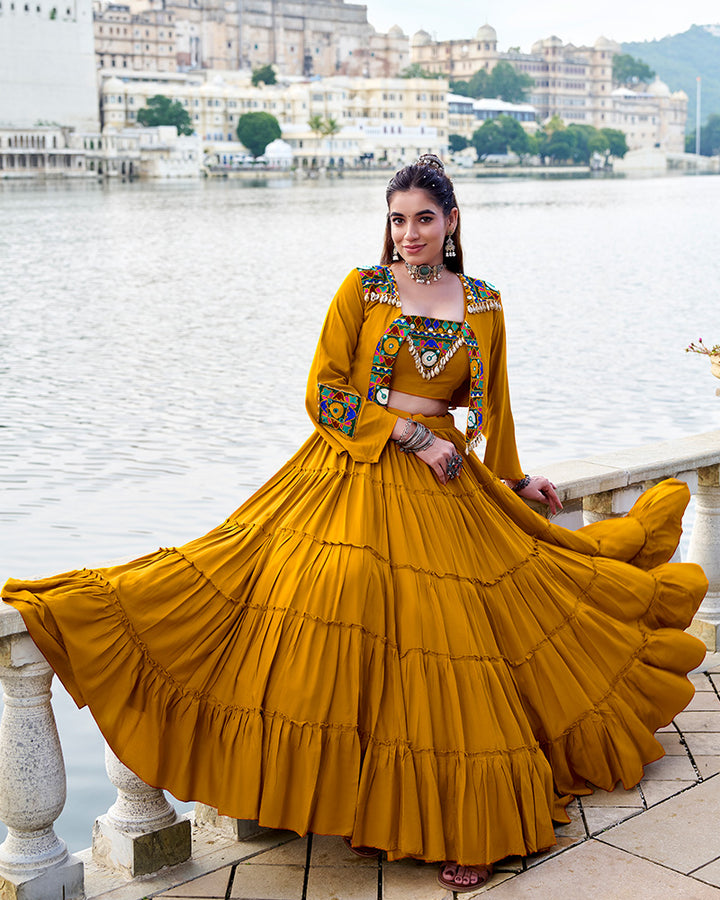 Mustard Color Pure Rayon Ruffle Style Navratri Lehenga Choli
