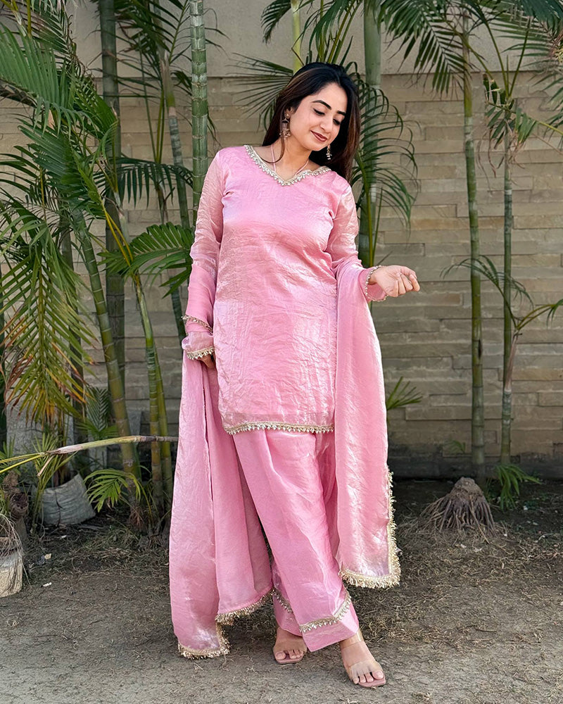 Baby Pink Color Fendi Satin Silk Farshi Salwar Suit