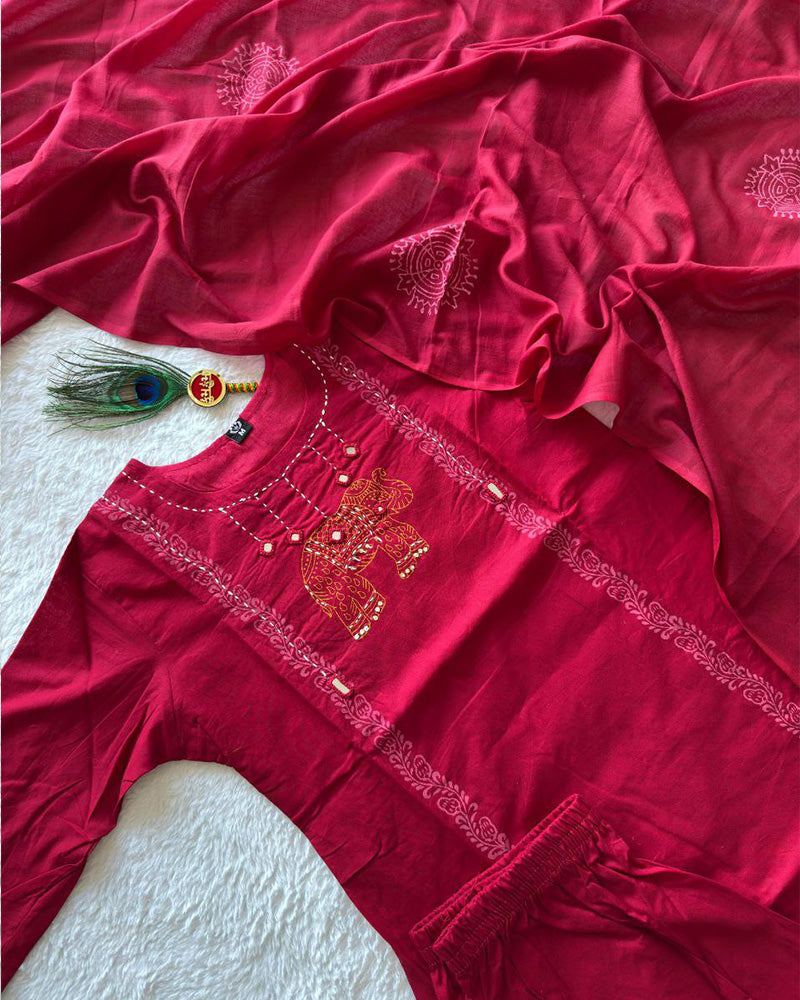 Cherry Red Color Pure Cotton Three Piece Kurti Suit