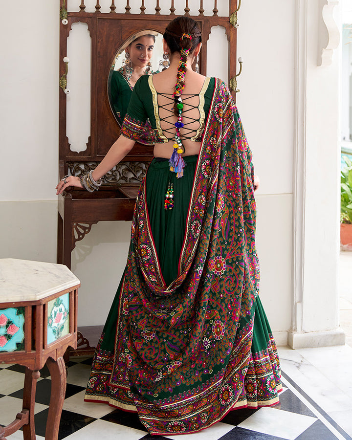 Green Color Tasar Silk Gamthi Printed Navratri Lehenga Choli