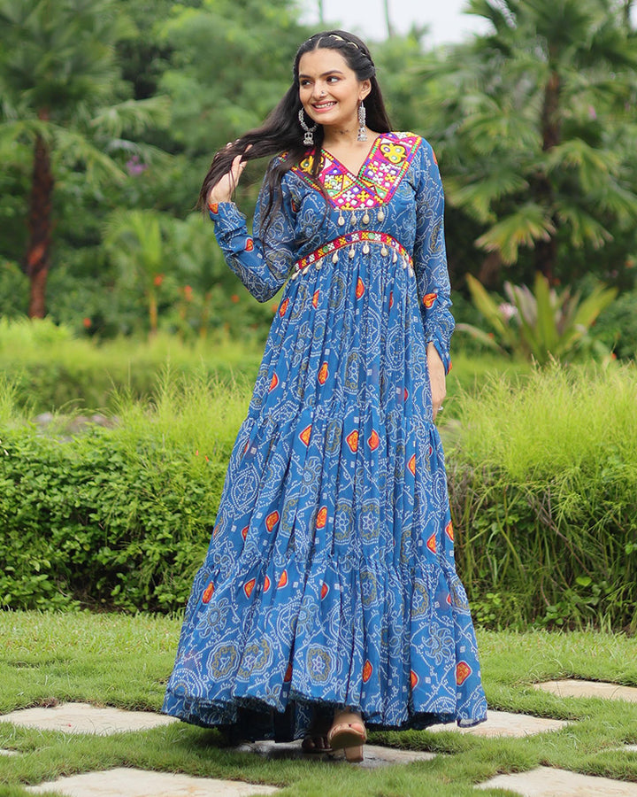 Navratri Special Blue Color Faux Georgette Bandhani Print Gown