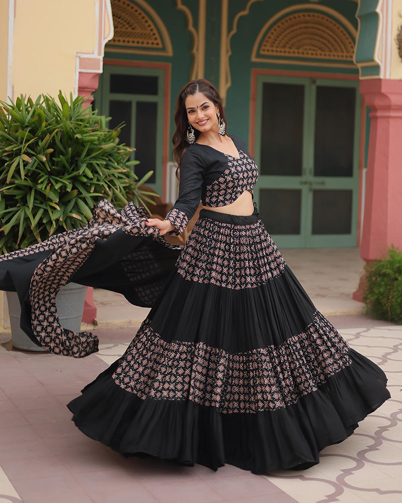 Navratri Wear Black Color Rayon Printed Lehenga Choli