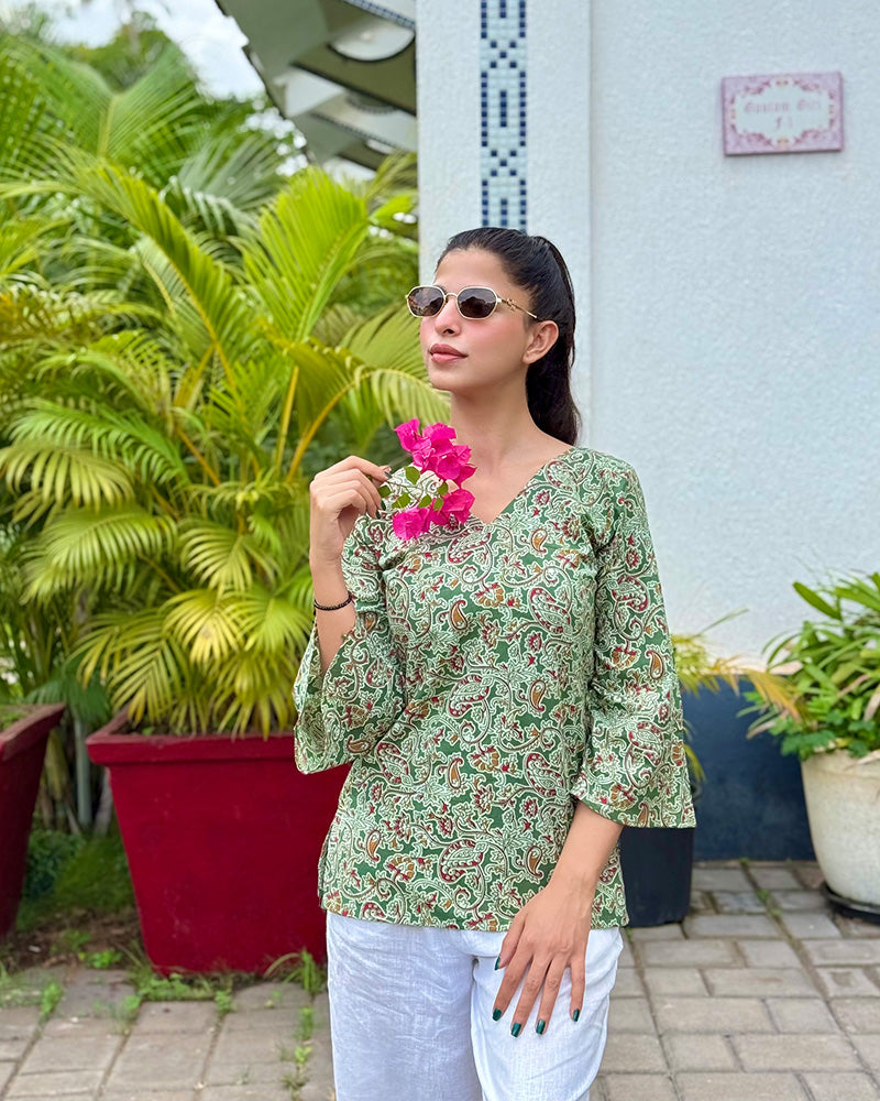 Green Color Pure Cotton Kalamakri Printed Tunic