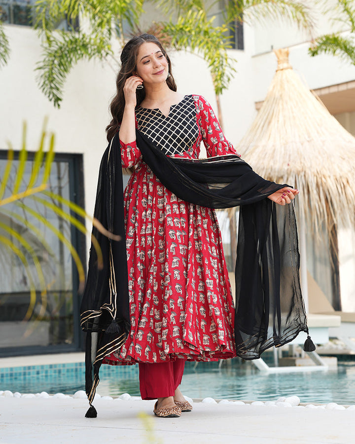 Maroon and Black Color Printed Pure Cotton Anarkali Suit