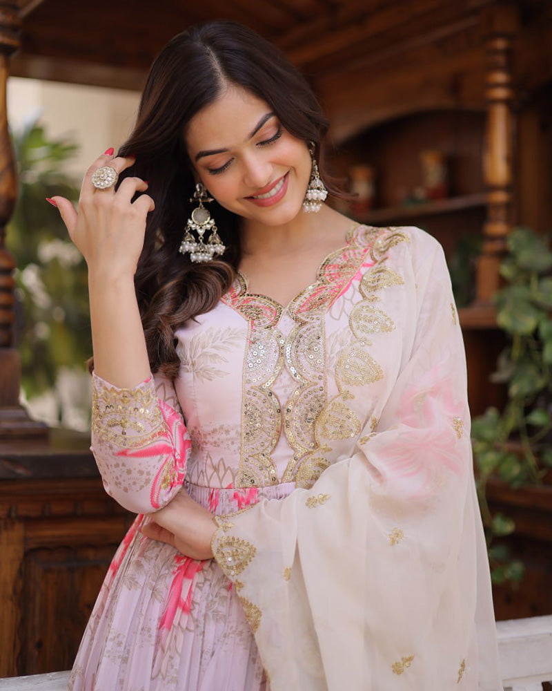 Baby Pink Color Russian Silk Embroidered Gown