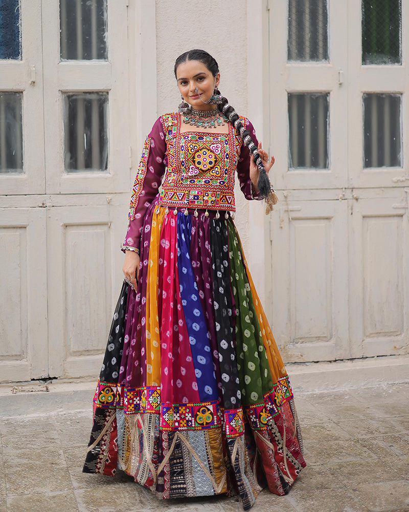 Multi Color Georgette Gamthi Emblished Navratri Lehenga Choli (Copy)