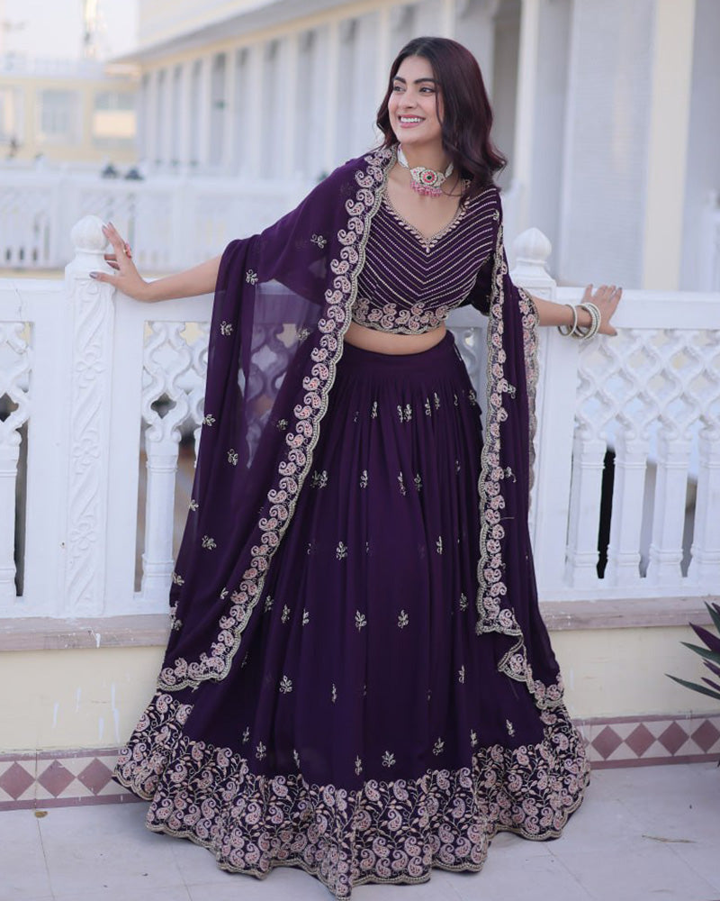 Royal Purple Color Blooming Embroidered Lehenga Choli
