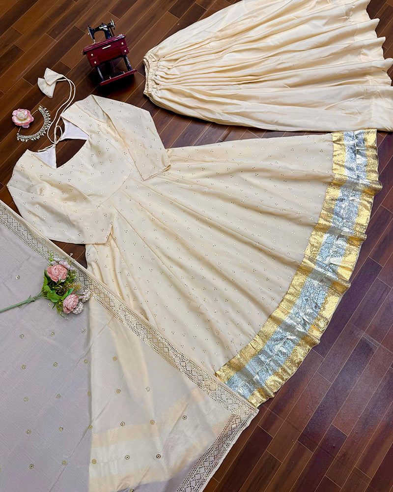 Cream Color Chinnon Silk Mukaish Work Plazzo Suit