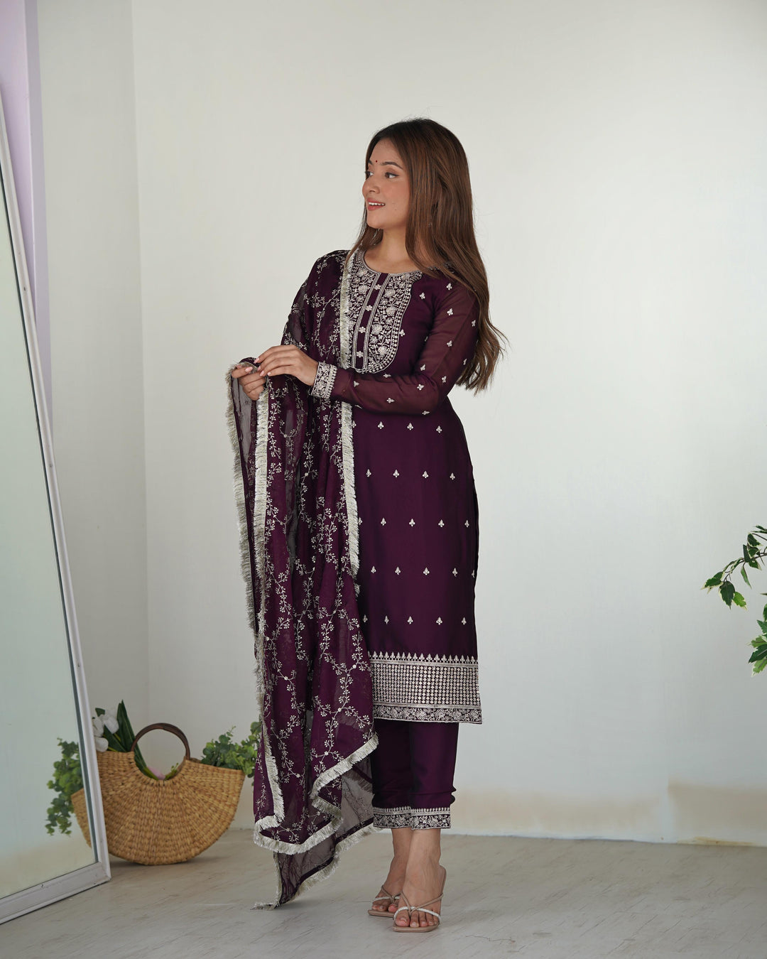 Wine Color Blooming Rangoli Silk Three Piece Salwar Suit