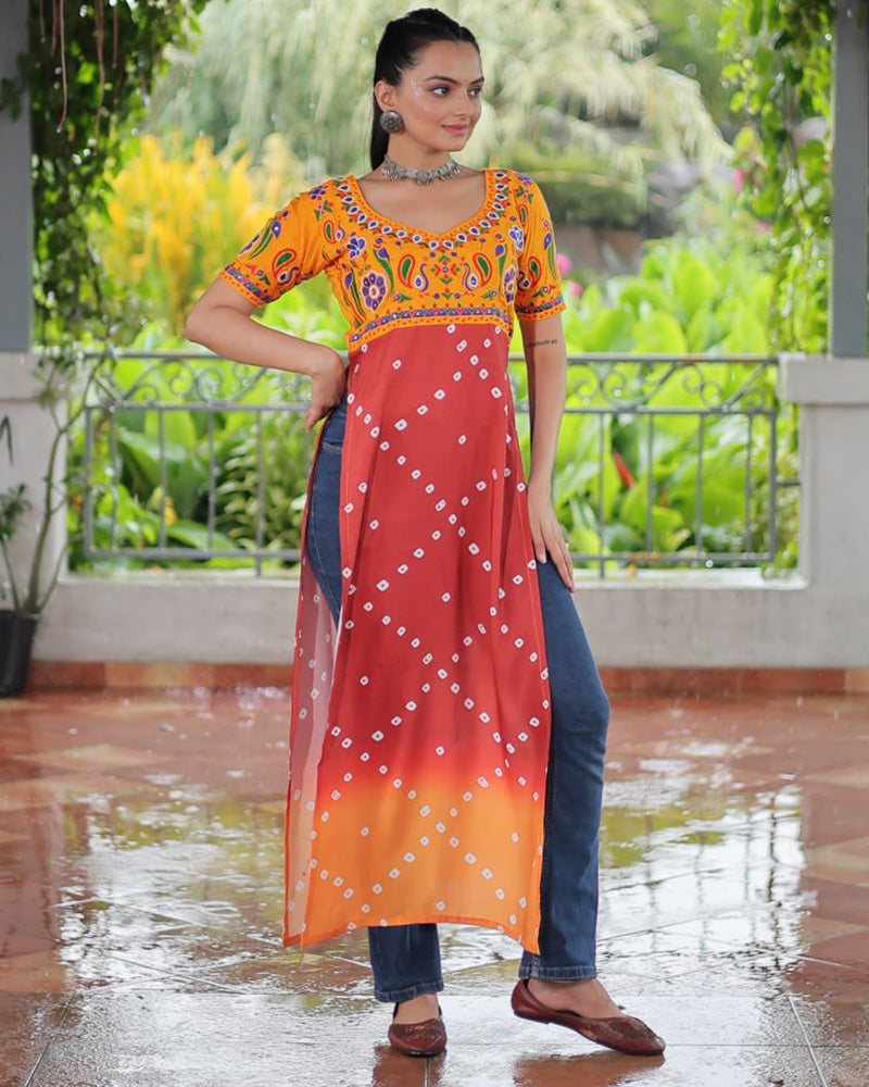 Navratri Special Rust Orange Color Rayon Kutchi Work Kurti