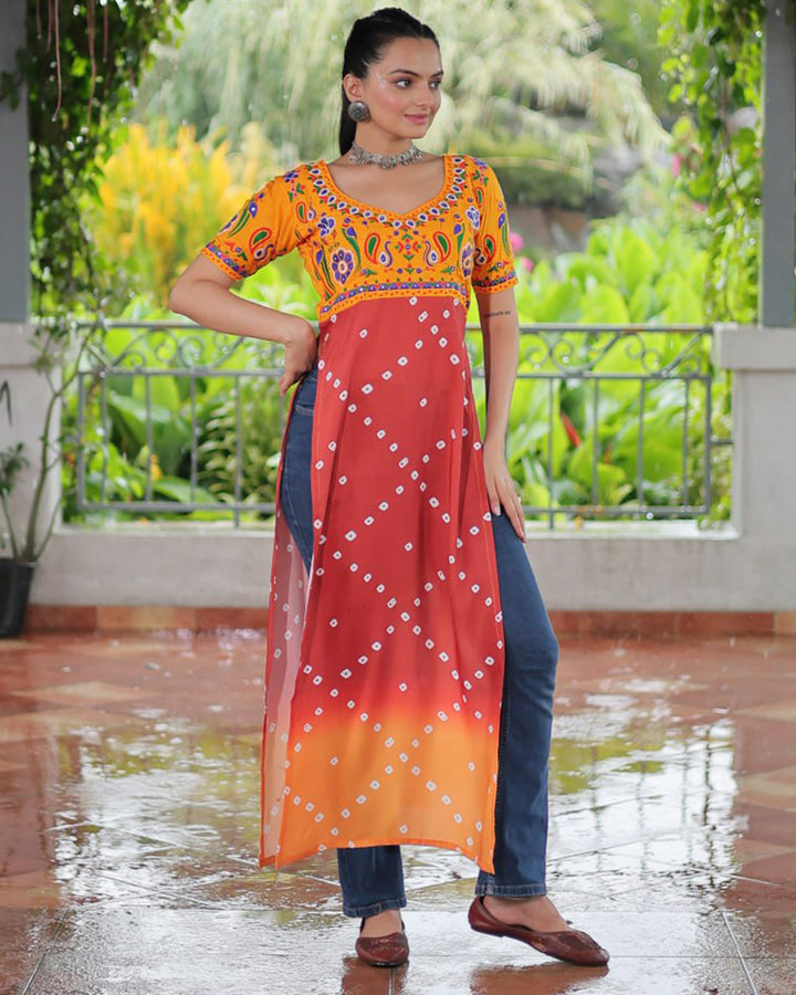 Navratri Special Rust Orange Color Rayon Kutchi Work Kurti
