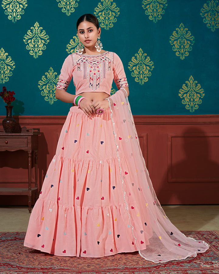Peach Color Cotton Thread Embroidered Lehenga Choli