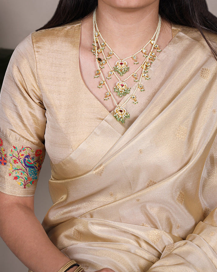 Cream Color Zari Weaving Tissue Paithani Saree