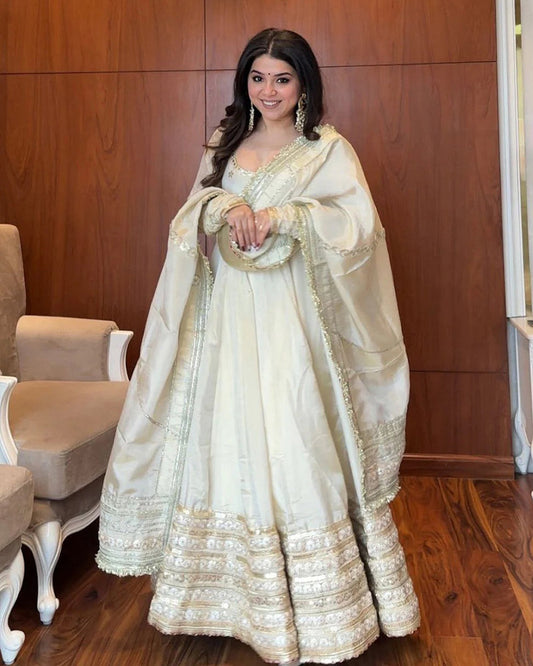Off-White Color Pure Chinon Silk Embroidered Anarkali Suit