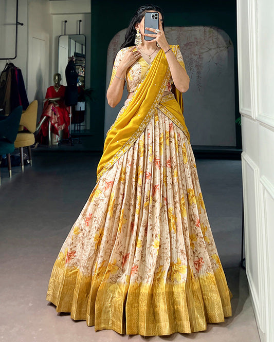 Yellow Color Dola Chex Floral Printed Half Saree