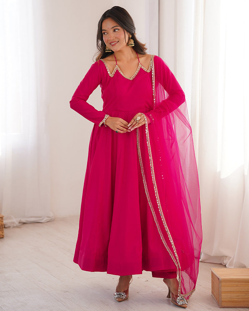Rani Pink Color Chanderi Roman Silk Three Piece Anarkali Suit