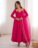 Rani Pink Color Chanderi Roman Silk Three Piece Anarkali Suit