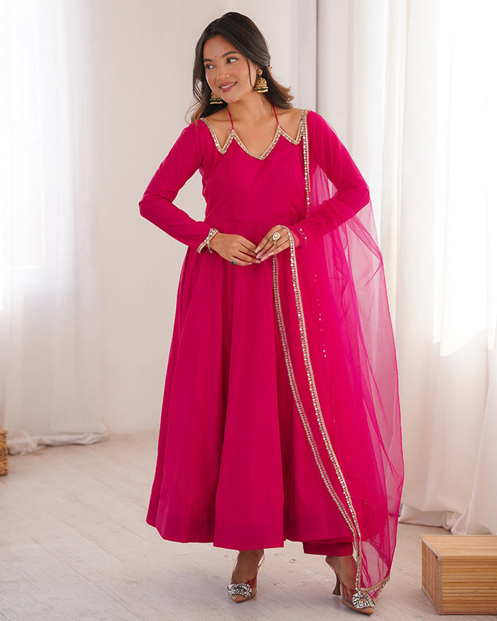 Rabi Pink Color Chanderi Roman Silk Three Piece Anarkali Suit