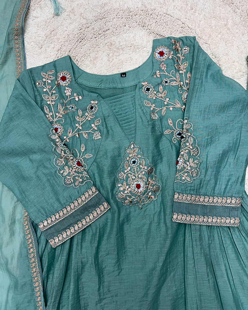 Dusty Teal Color Mal Cotton Three Piece Kurti Suit