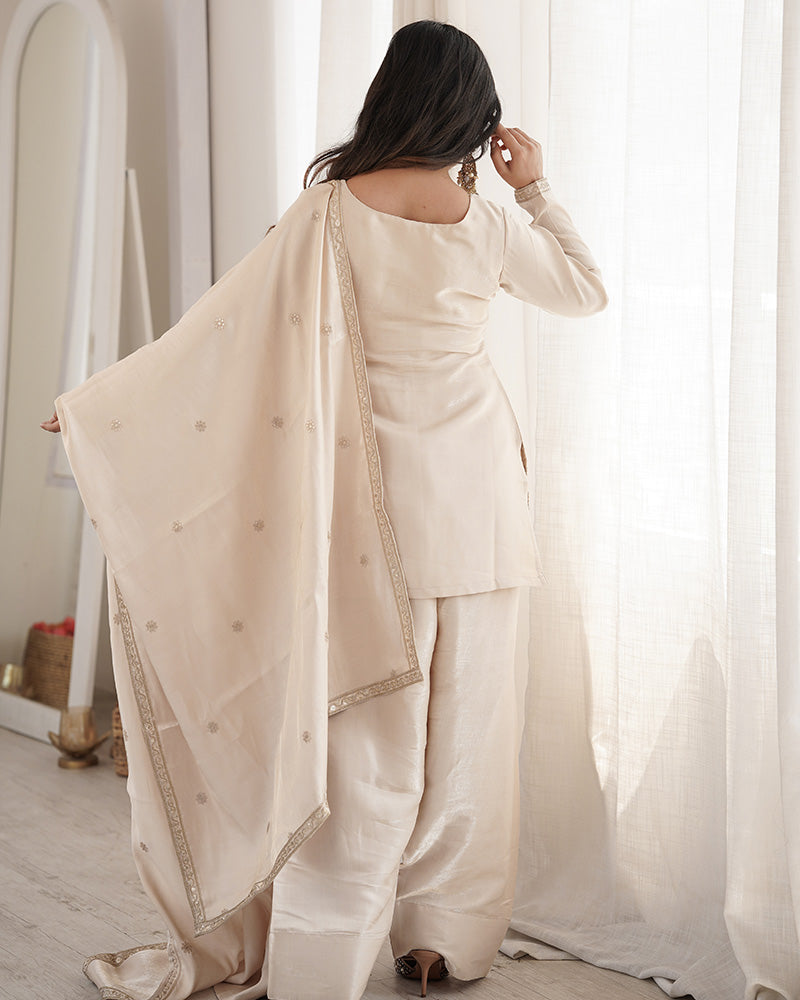 Off-White Color Roman Silk Embroidered Farshi Salwar Suit