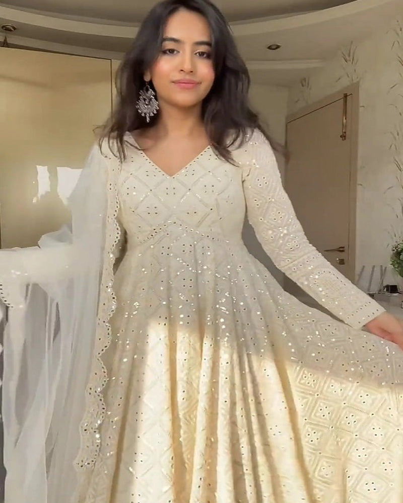 White Color Pure Georgette Embroidered Gown