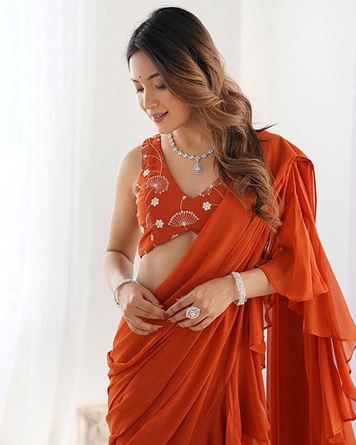 Designer Rust Color Faux Georgette Plain Sharara Saree
