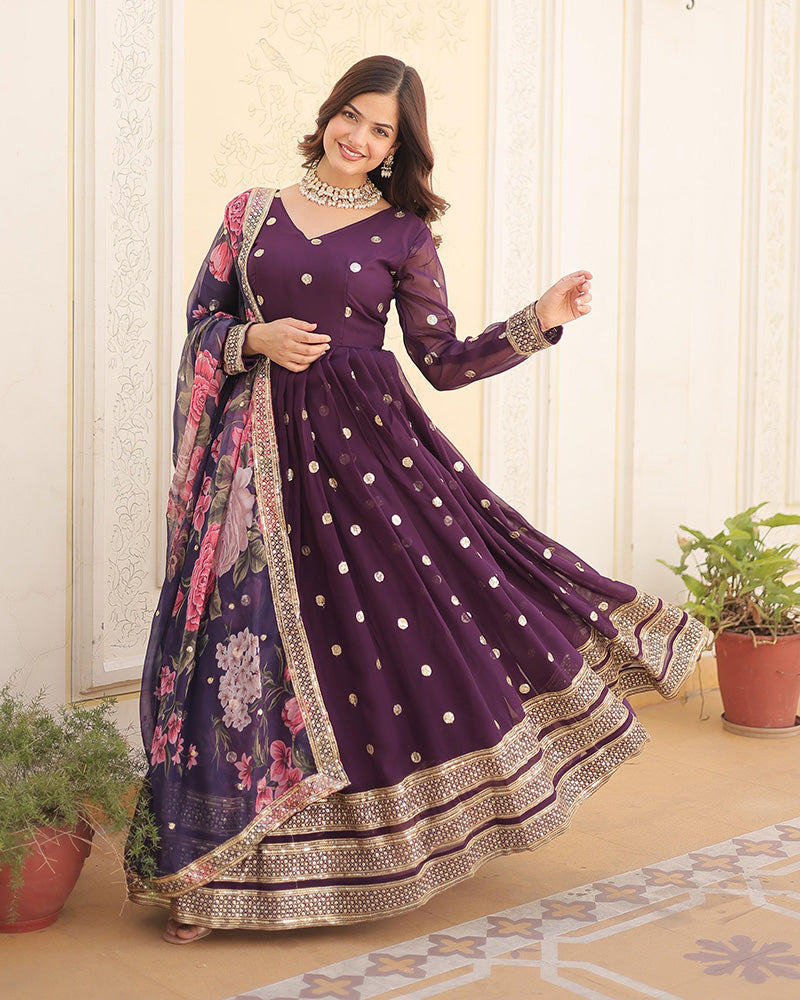 Beautiful Wine Color Sequence Embroidered Anarkali Gown