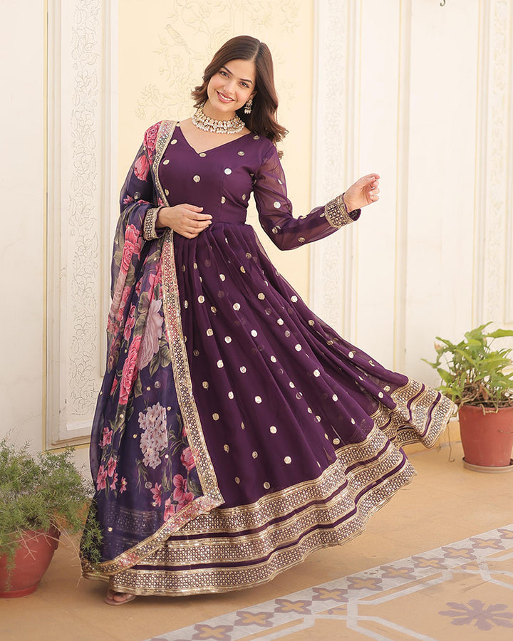 Beautiful Wine Color Sequence Embroidered Anarkali Gown