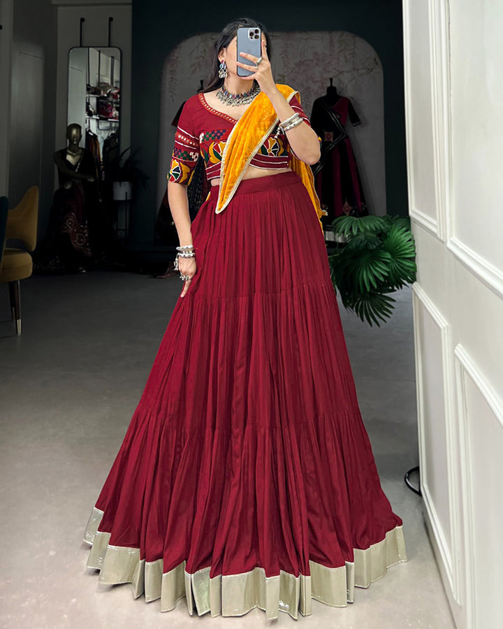 Navratri Wear Maroon Color Rayon Ruffle Style Lehenga Choli