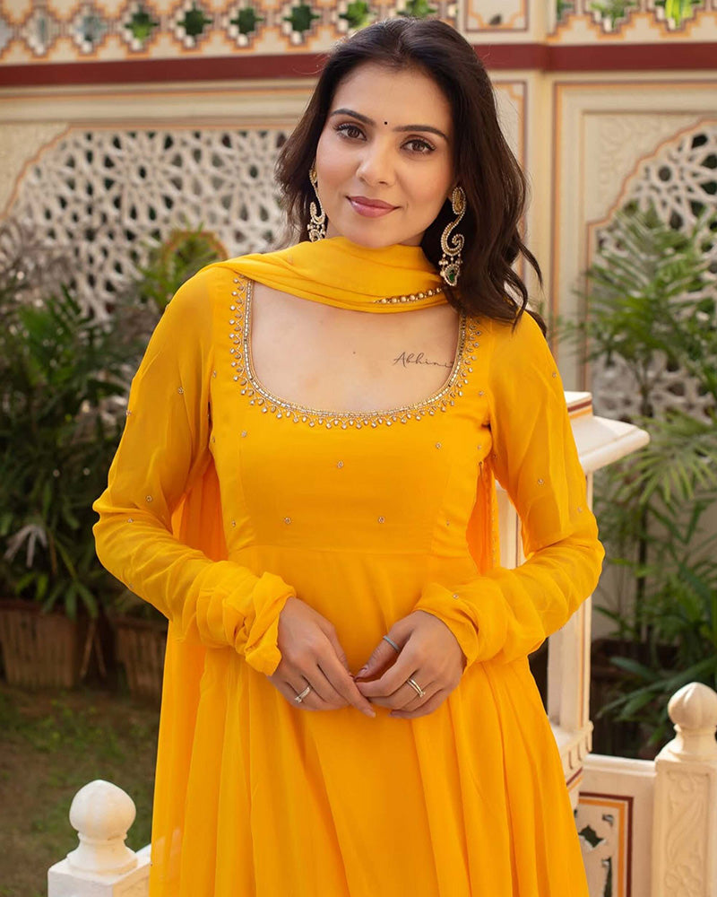 Yellow Color Georgette Three Piece Anarkali Suit