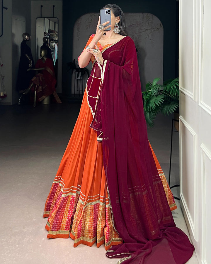 Orange Traditional Rayon Bandhej Lehenga Choli For Navratri