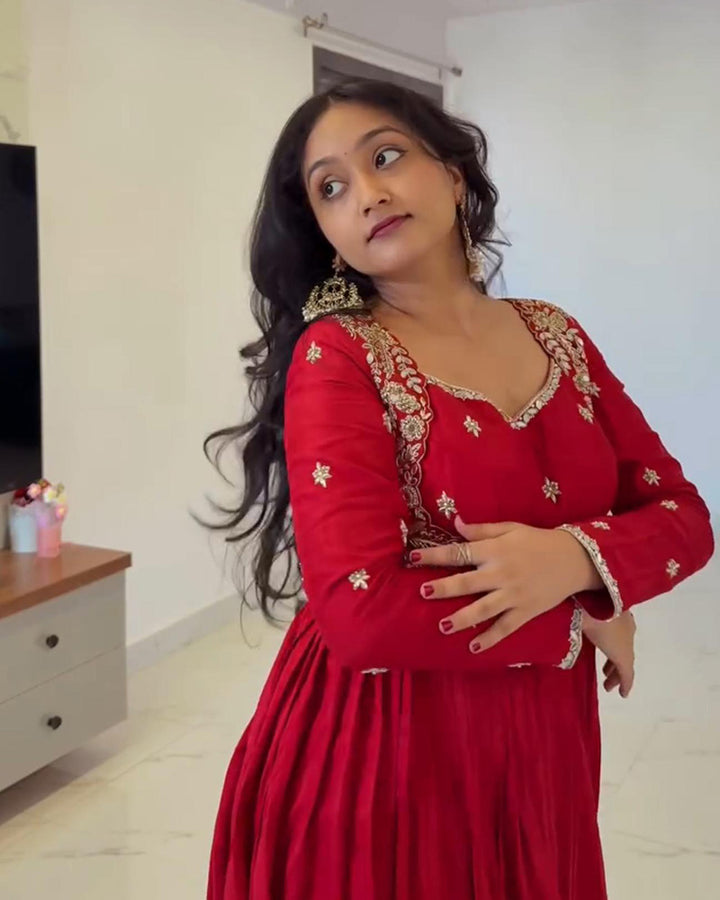 Red Color Pure Chinon Embroidered Three Piece Anarkali Suit