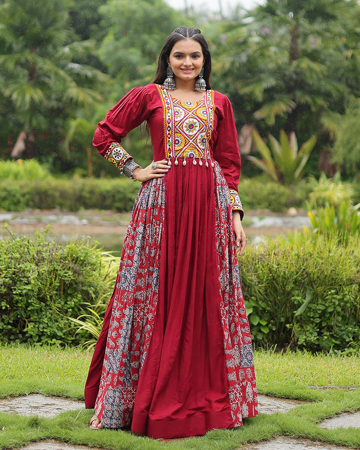 Navratri Special Maroon Color Reyon Gamthi Style Gown
