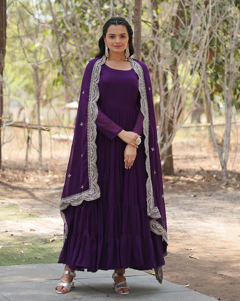 Purple Color Faux Blooming Gown With Embroidered Dupatta