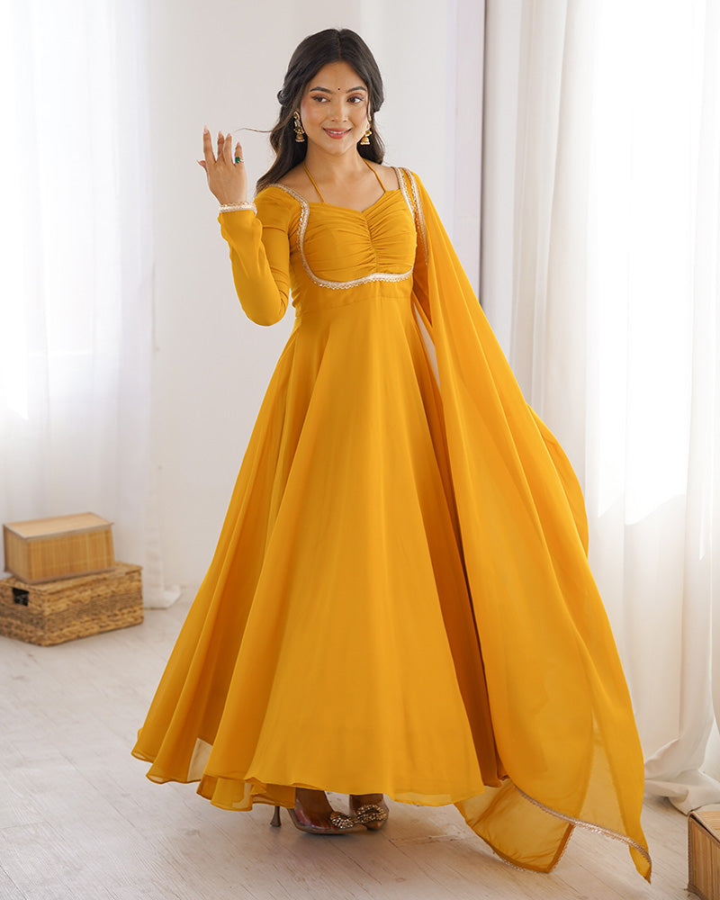 Yellow Color Pure Blooming Georgette Anarkali Gown