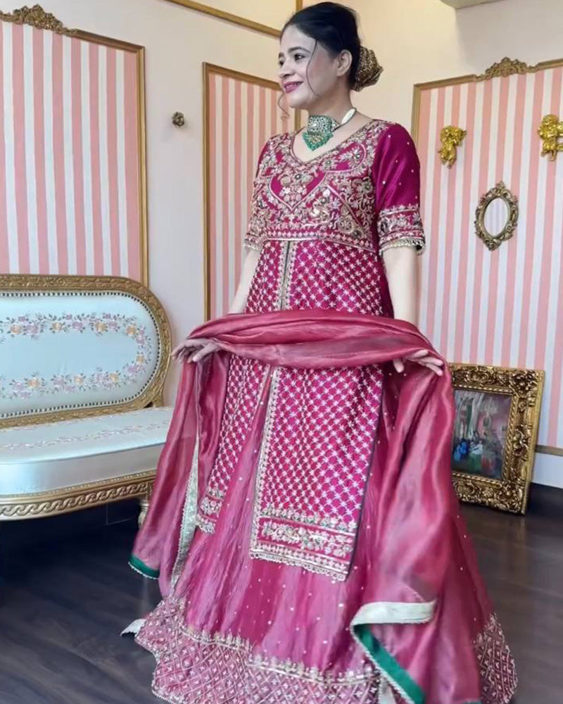 Magenta Pink Color Chinon Silk Embroidered Lehenga Choli