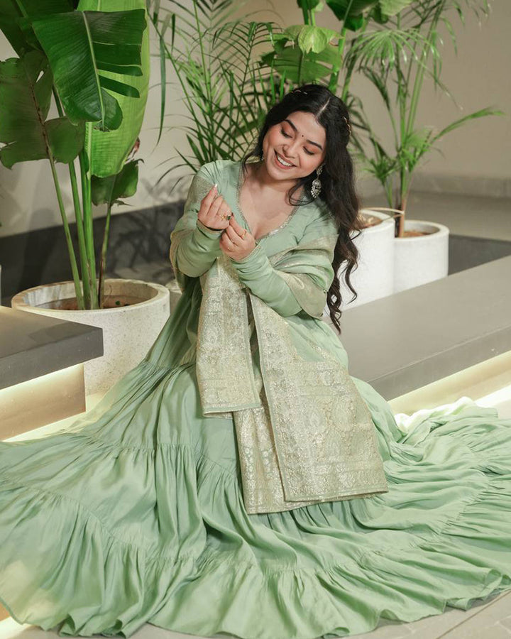 Pista Color Roman Chanderi Silk Ruffle Style Anarkali Suit