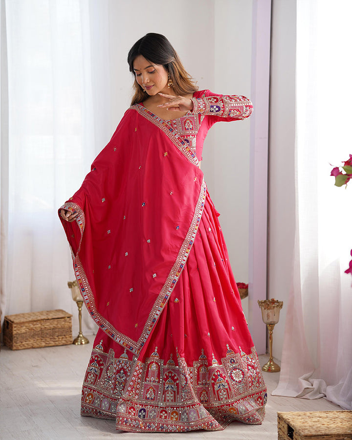 Designer Tomato Color Natural Crepe silk Lehenga Choli