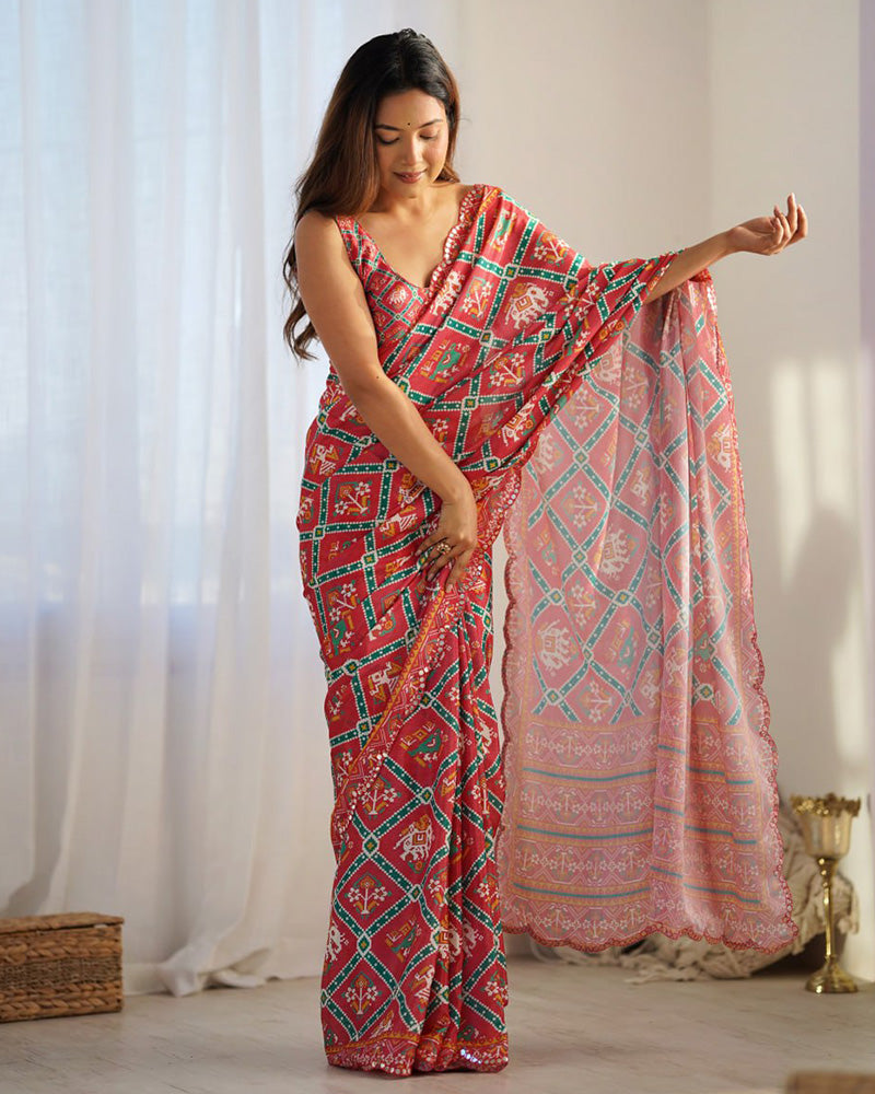 Tomato Color Chinnon Silk Printed Saree