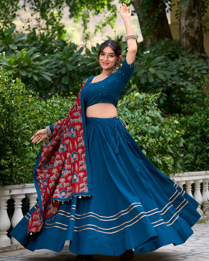 Designer Firozi Color Cotton Navratri Lehenga Choli