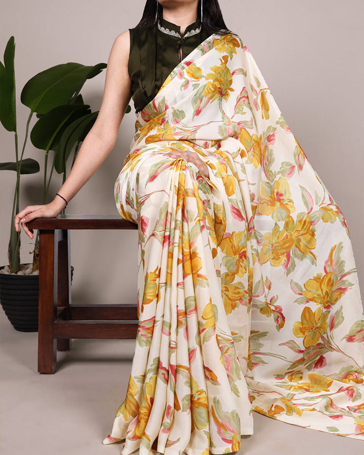 Yellow Color Satin Silk Floral Printed Saree