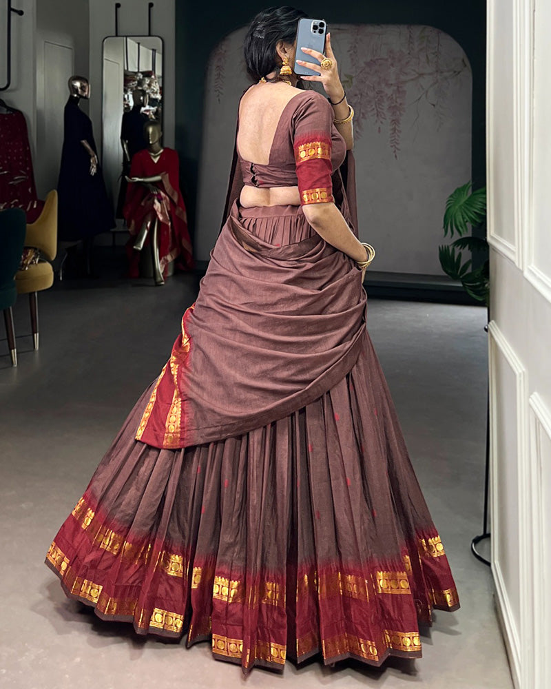 Traditional Brown Color Chanderi Half Saree With Zari Detailing