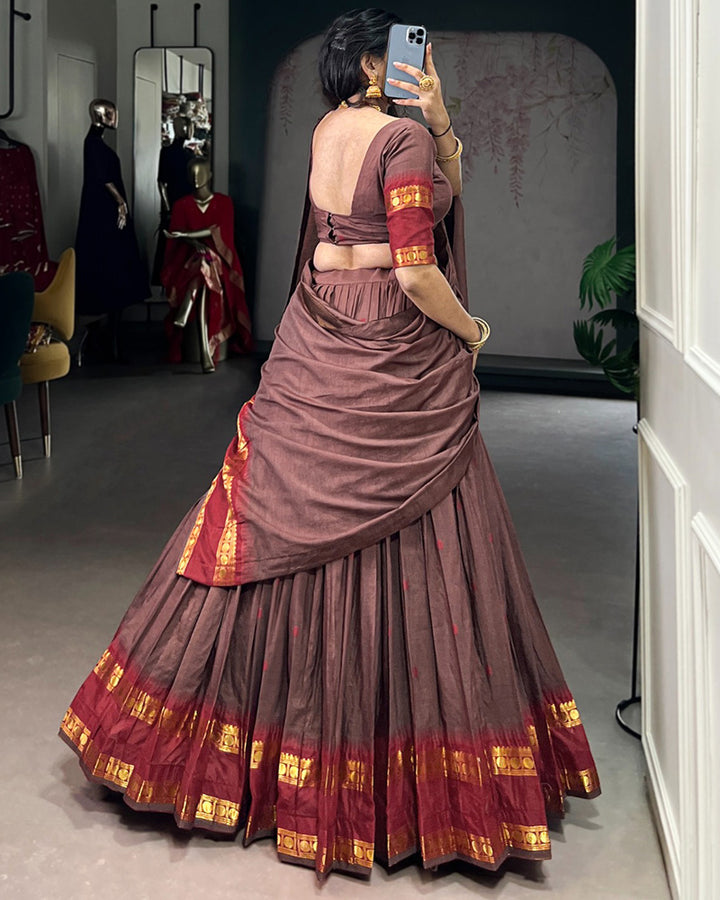 Traditional Brown Color Chanderi Half Saree With Zari Detailing